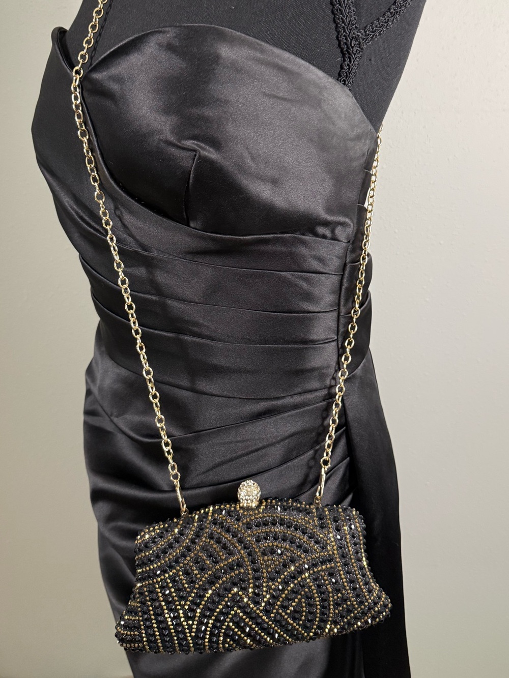 Black Gold Rhinestone Evening Clutch Jeweled Ball Clasp Chain